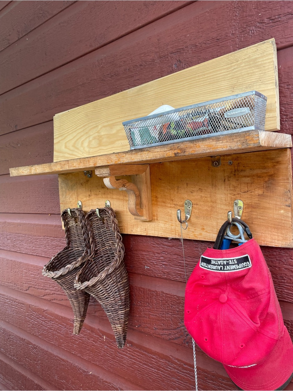 Rustic Wall Shelf with Hooks and Woven Cone Planters - - Picture 3 of 3